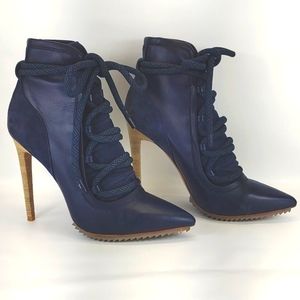 L.A.M.B navy blue leather lace up booties